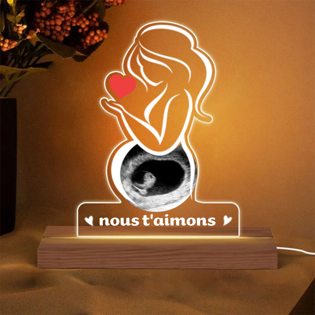 Lampe de Nuit Personnalisable en Acrylique - Silhouette de Femme Enceinte avec Image d'Échographie