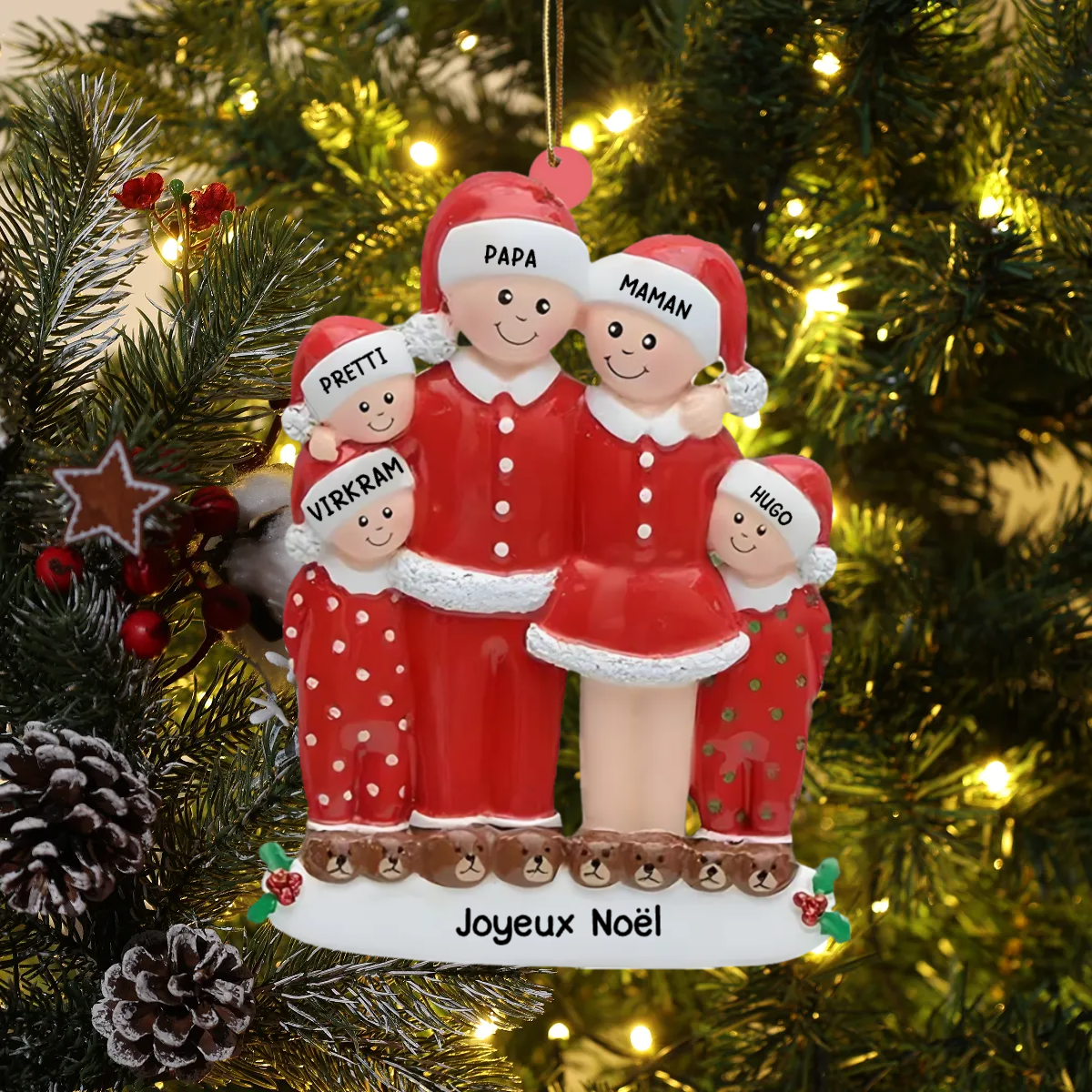 Ornement de Noël en verre acrylique - Famille en pyjama avec 3 à 6 prénoms