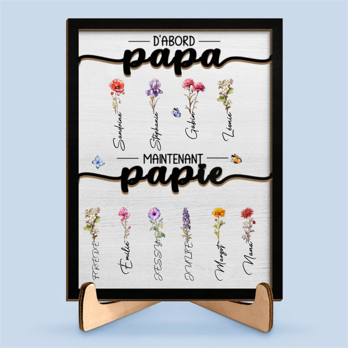 D'abord papa, maintenant Papie Plaque en bois avec fleurs de naissance