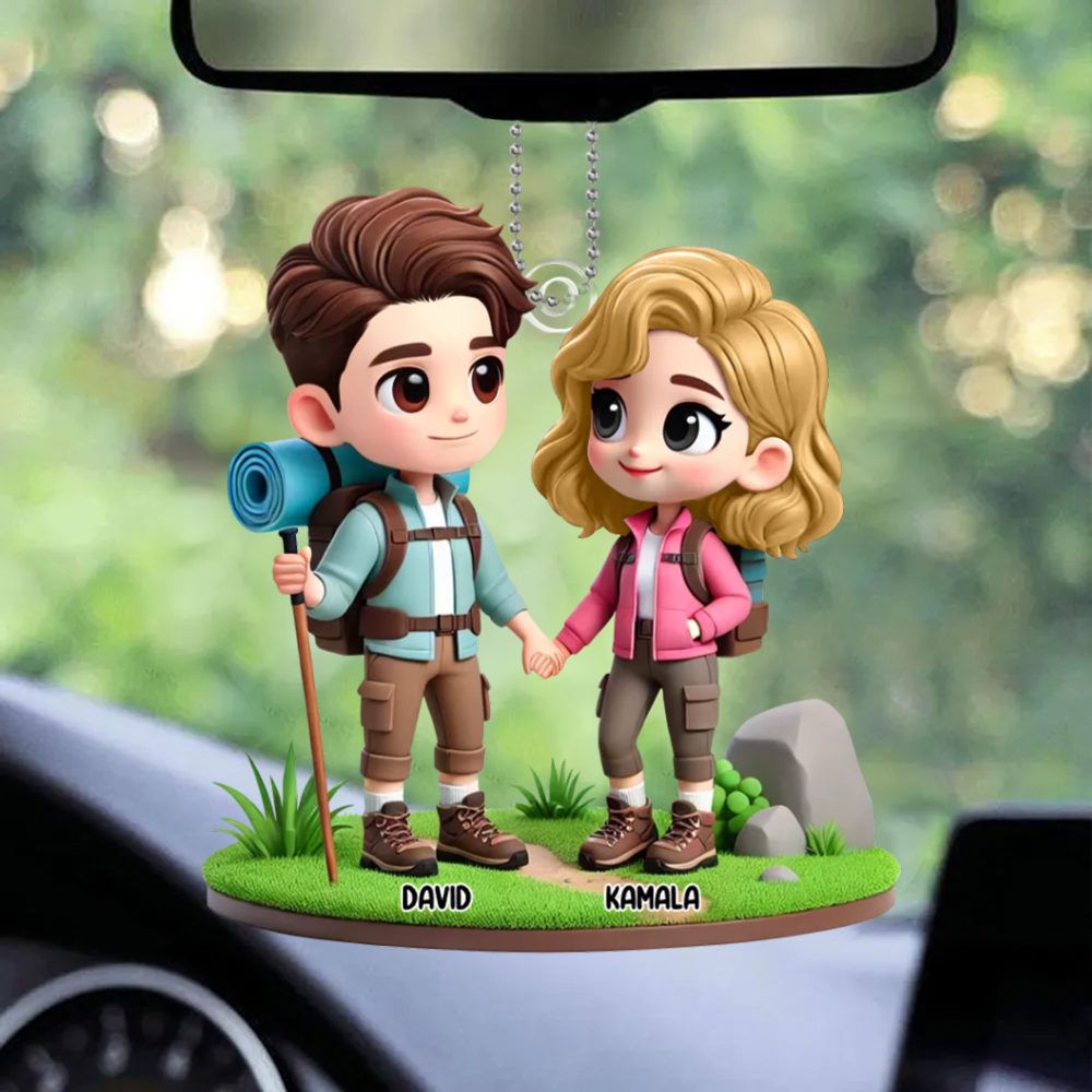 Pendentif en acrylique « Couple camping » personnalisé avec noms, cadeau pour couple