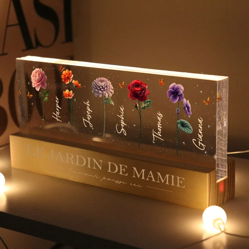 Veilleuse LED personnalisée avec fleurs de naissance – Cadeau pour mamie et maman