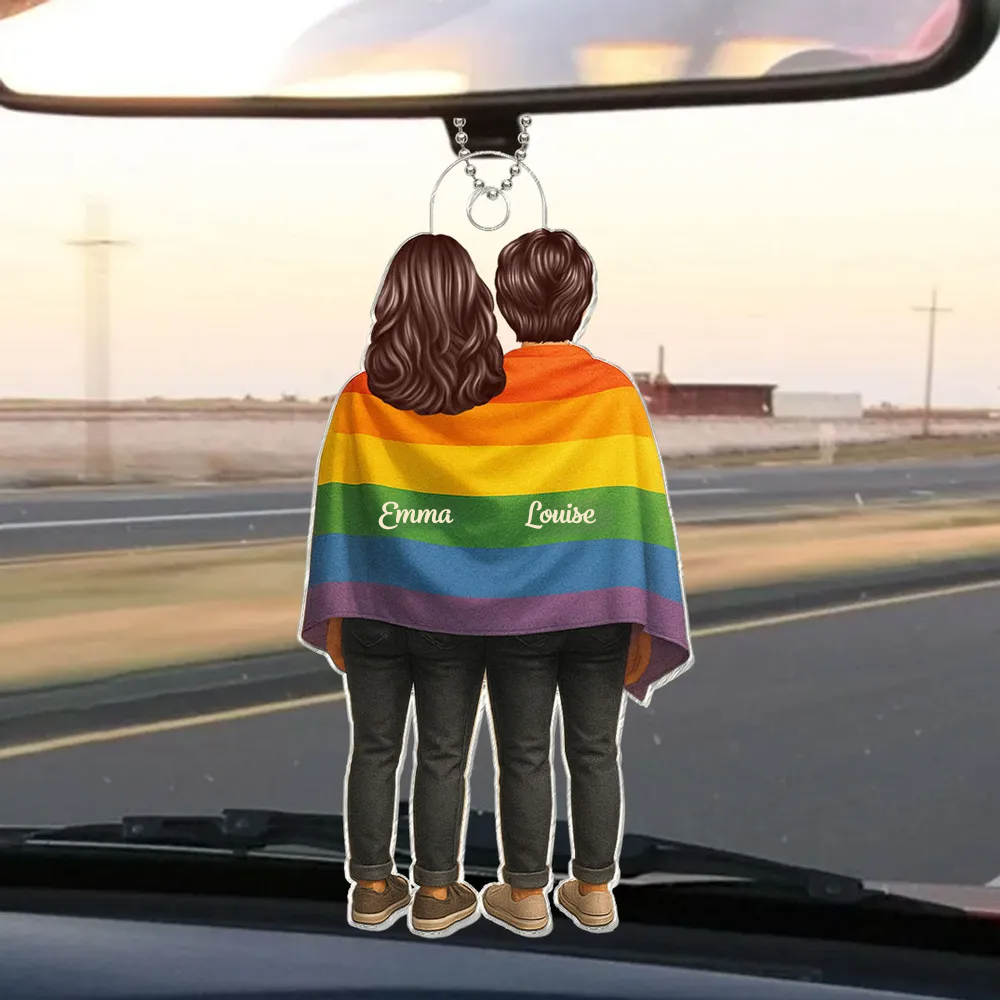 Pendentif en acrylique avec drapeau arc-en-ciel et nom – Cadeau pour couple LGBT