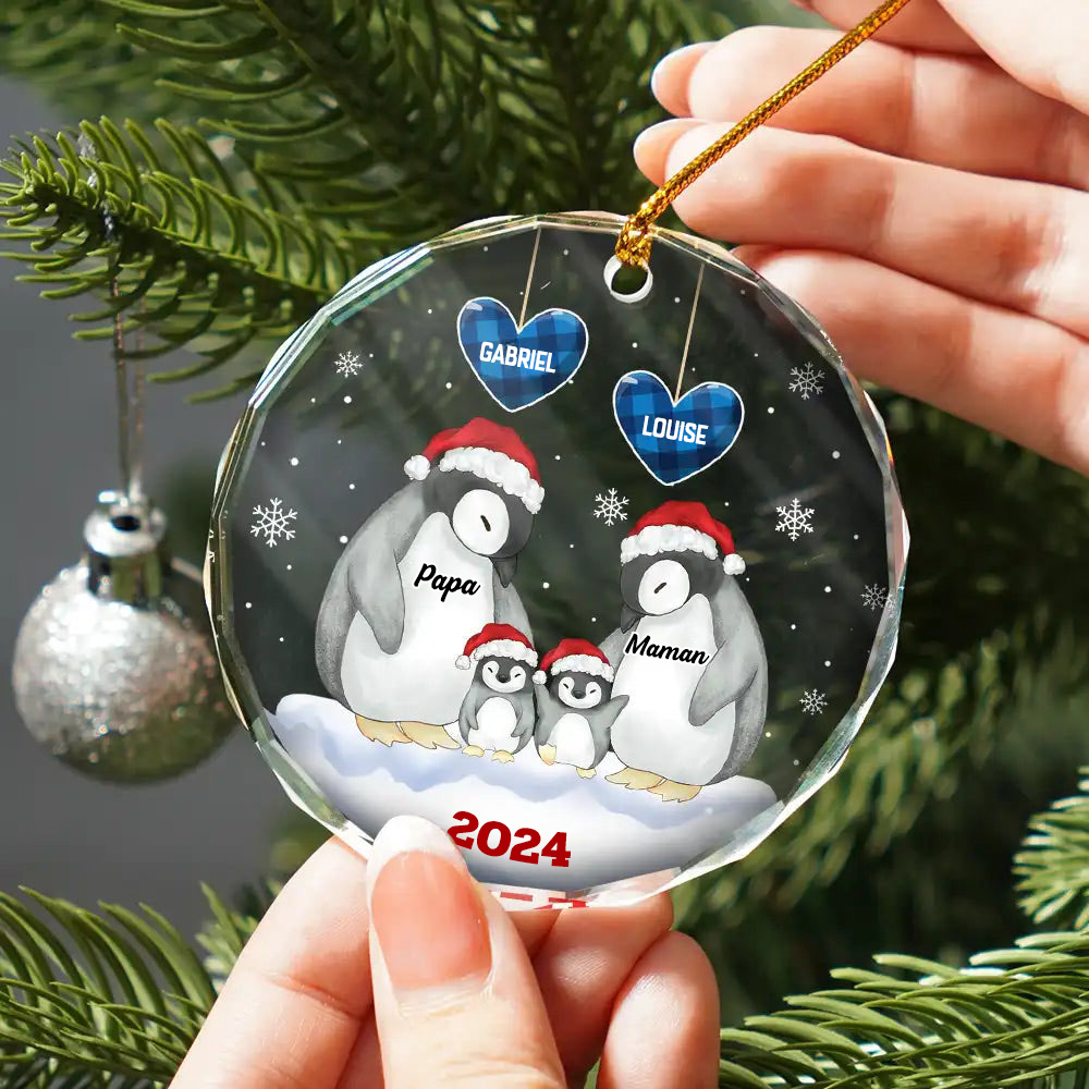 Famille de pingouins Décoration personnalisée en verre en forme de cercle