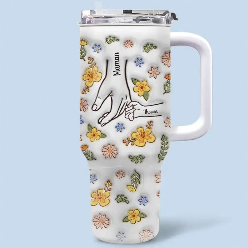 Main dans la main – Gobelet isotherme personnalisé 40oz avec paille, cadeau pour maman, mamie – Tasse imprimée avec effet 3D gonflé
