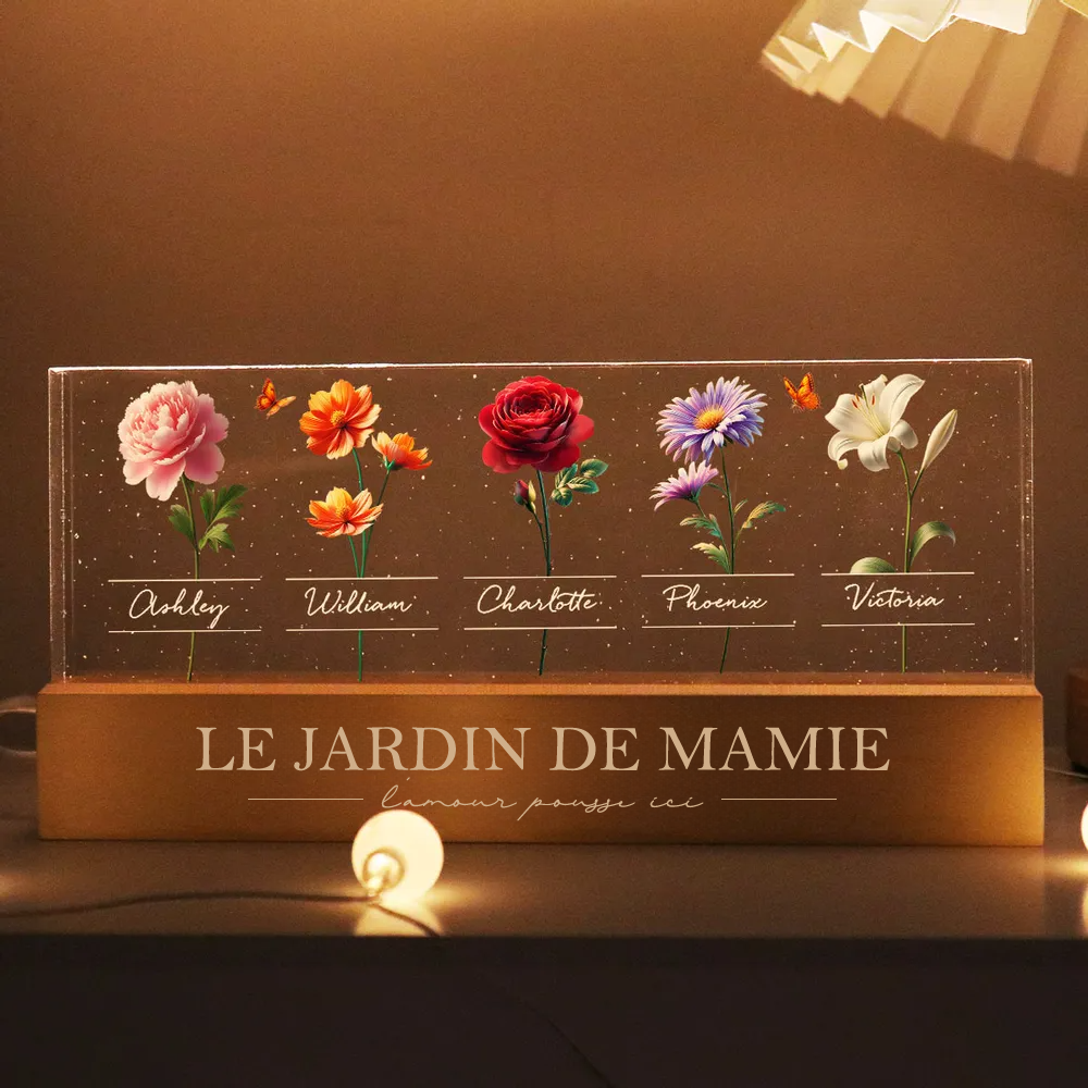 Veilleuse LED avec fleurs de naissance et prénoms – Cadeau pour grand-mère et maman