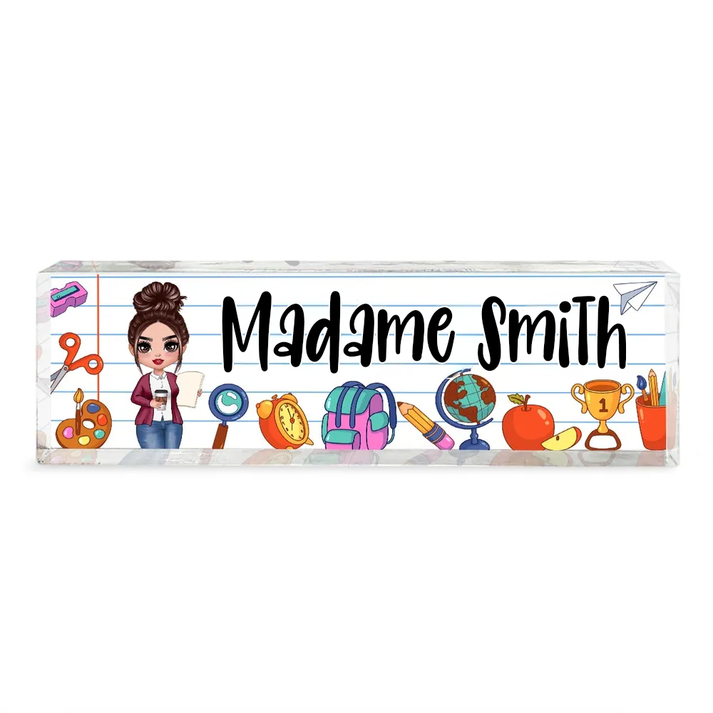 Plaque de bureau en acrylique personnalisée – Motifs scolaires pour enseignantes