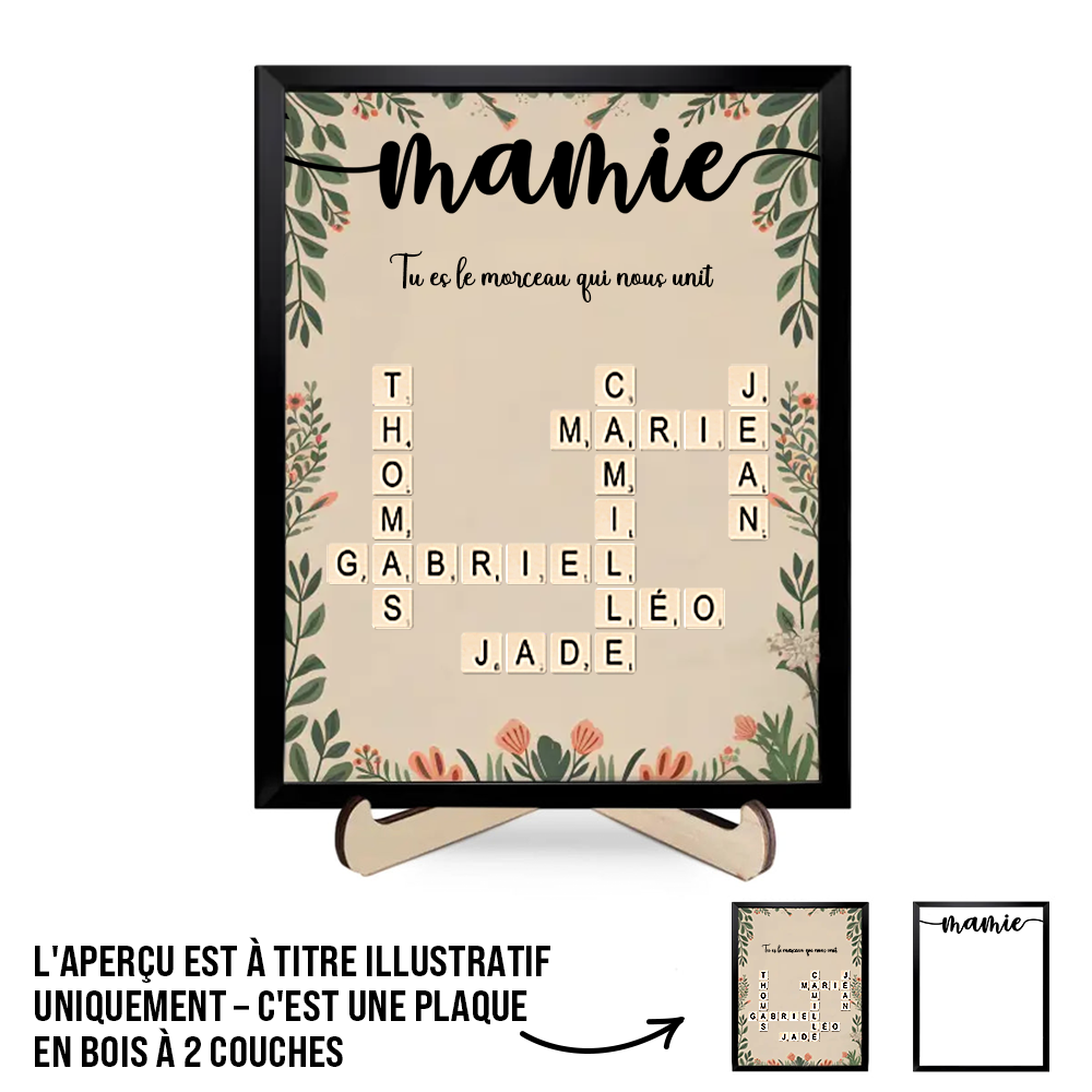 Plaque en bois personnalisée avec mots croisés – Cadeau pour Mamie et Papi