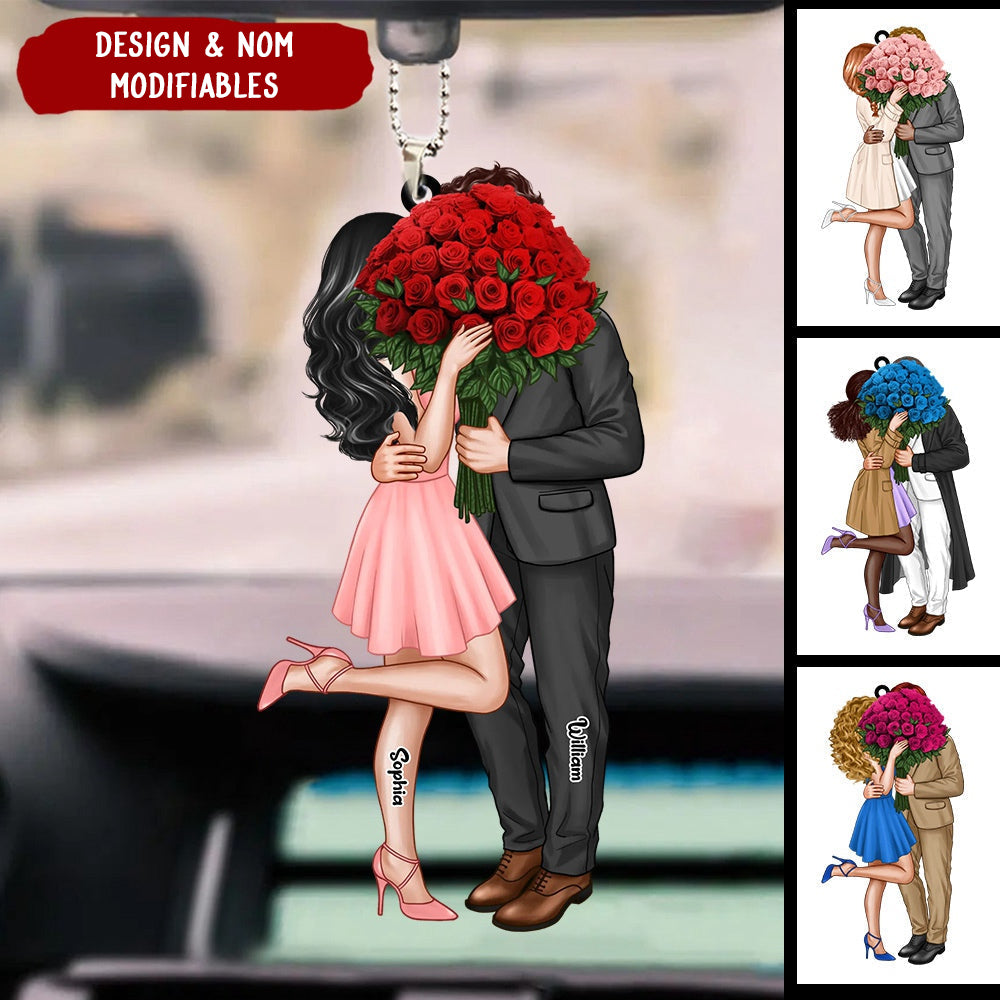 Couple avec bouquet de roses – Pendentif en acrylique personnalisé