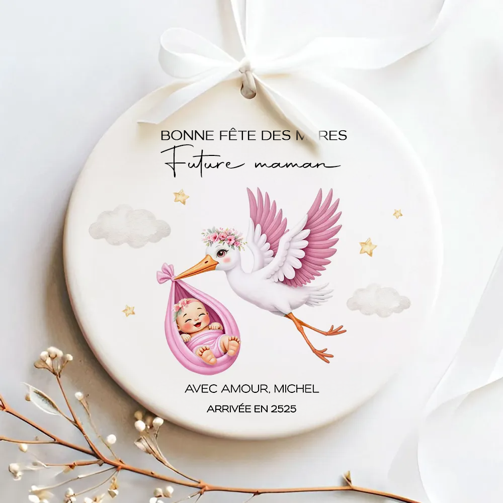 Cigogne et bébé adorables – Cadeau personnalisé pour future maman, pendentif en céramique