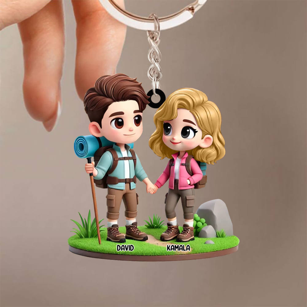 Porte-clés en acrylique « Couple camping » personnalisé avec noms, cadeau pour couple