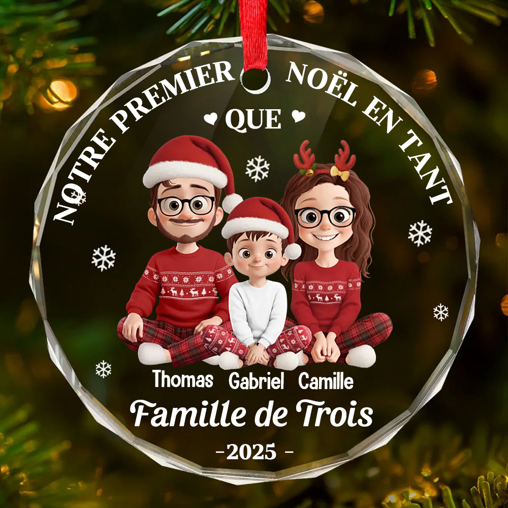 Décoration en verre personnalisée « Notre premier Noël en famille à trois » Ornement de Noël