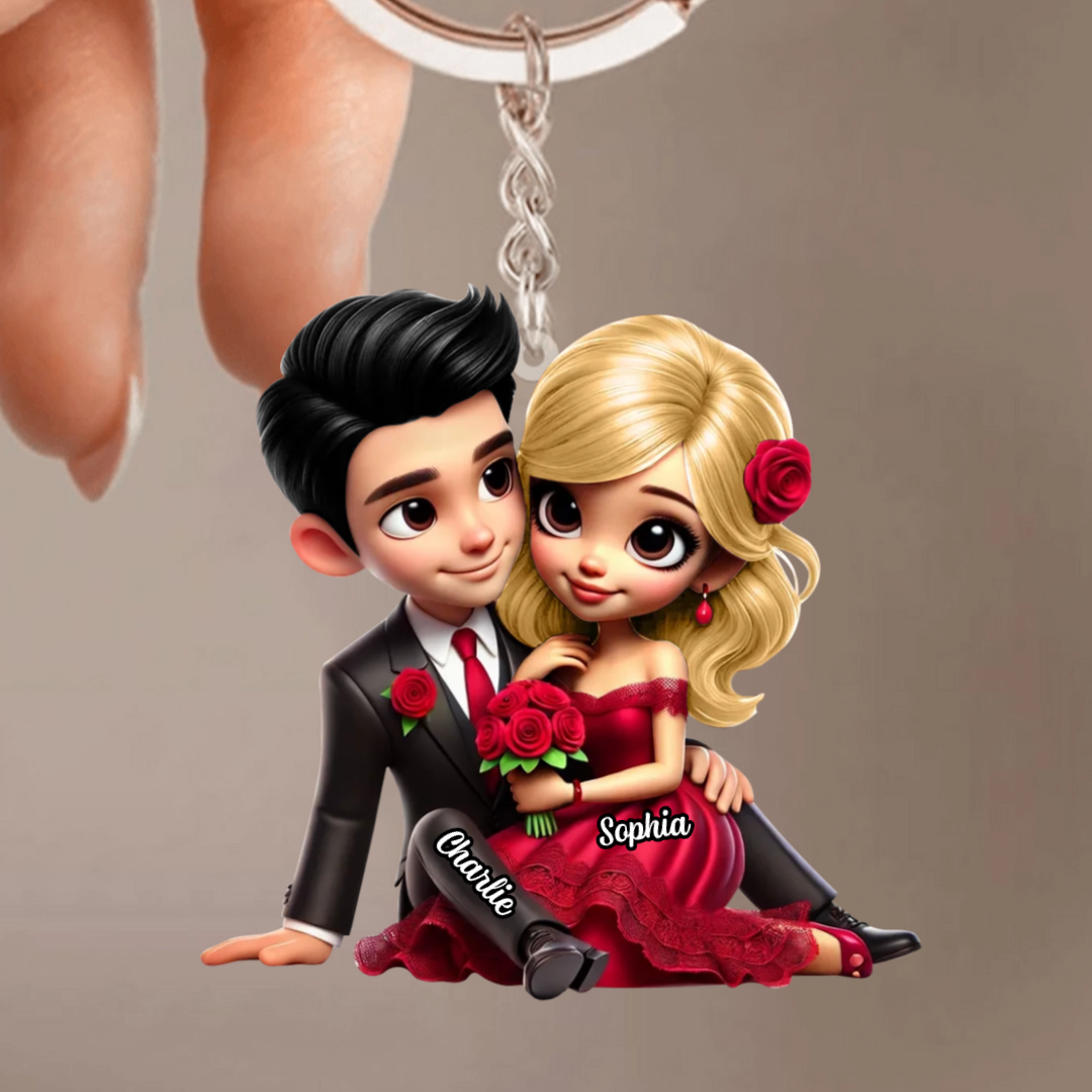 Couple avec bouquet de roses – Porte-clé en acrylique personnalisé, cadeau pour couple
