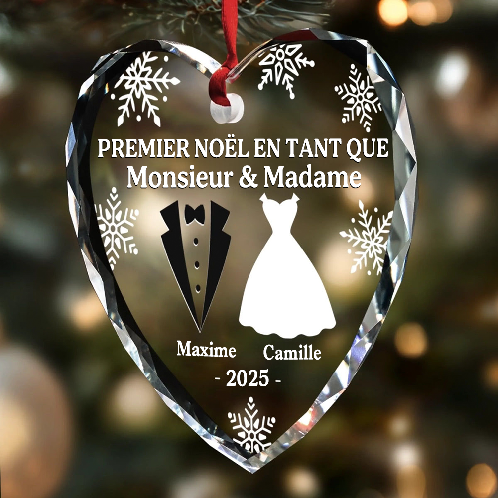 Premier Noël de jeunes mariés-Décoration en verre en forme de cœur personnalisée Orement de Noël