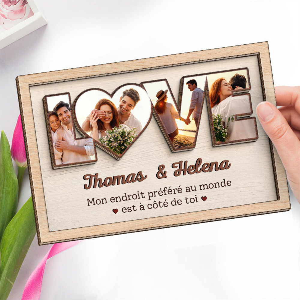 LOVE – Plaque en bois personnalisée avec photos pour couple amoureux