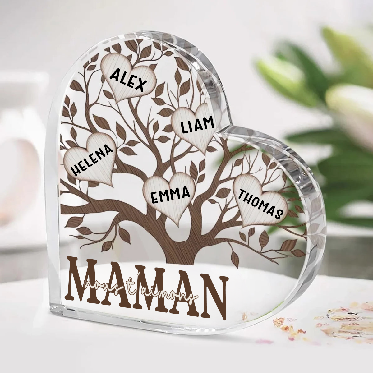 Cœur sur pied en forme d’arbre avec prénoms – Pour Mamie et Maman