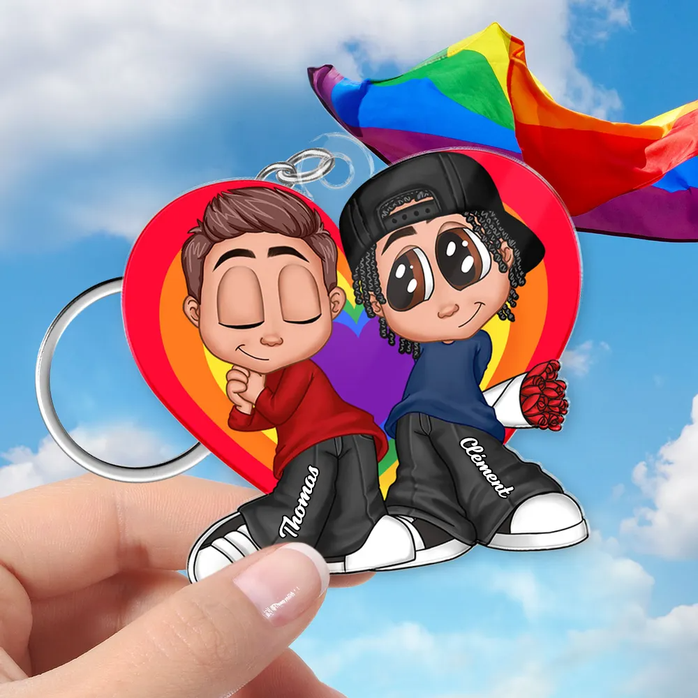 Porte-clés acrylique personnalisé cœur arc-en-ciel – Cadeau pour couple LGBT