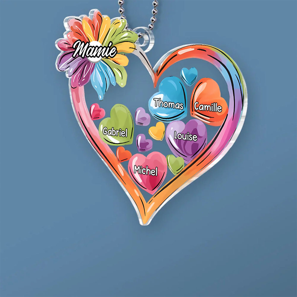 Porte-clés voiture personnalisé en acrylique avec cœurs colorés – Pour mamie et maman
