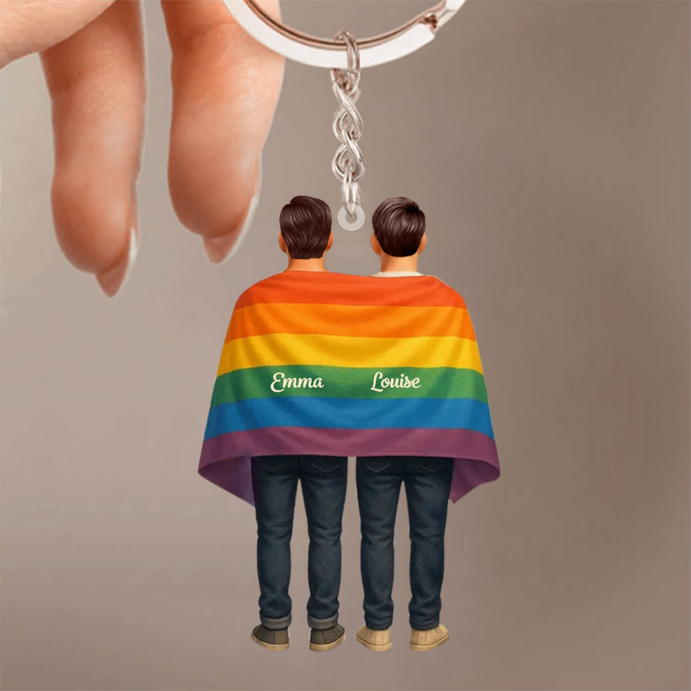 Porte-clés personnalisé avec drapeau arc-en-ciel et 2 personnages pour couple LGBT