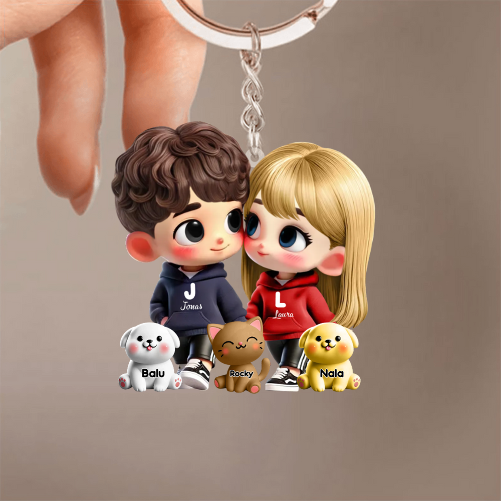 Porte-clés en acrylique personnalisé avec couple cartoon et animaux de compagnie – Cadeau pour couple