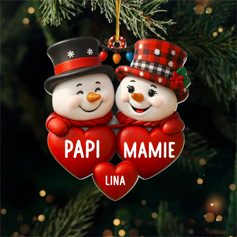 Bonhommes de neige avec des cœurs Pendentifs de Noël avec nom Cadeau pour grand-père et grand-mère