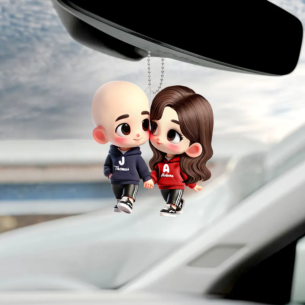 Adorable Couple Dessiné – Ornement Acrylique Personnalisé Pour Voiture