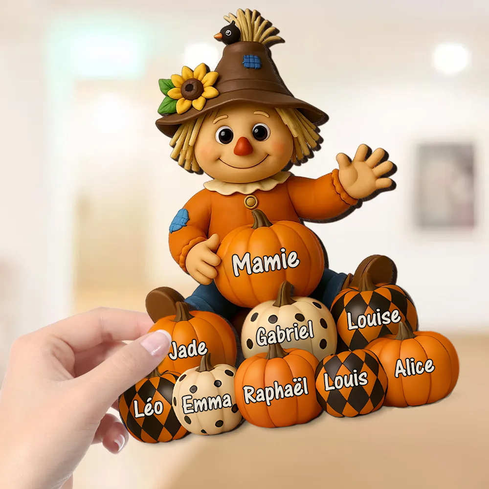 Plaque en bois personnalisée avec épouvantail et citrouilles – avec nom
