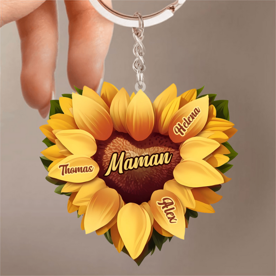 Tournesol en forme de cœur – Porte-clés en acrylique personnalisé pour maman et mamie