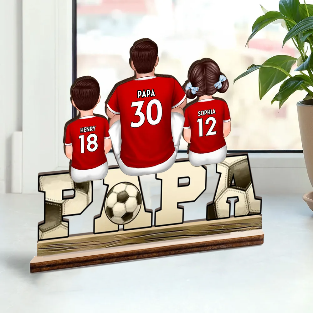 Plaque en bois « PAPA » avec football et 1 à 4 enfants personnalisés – Cadeau pour papa