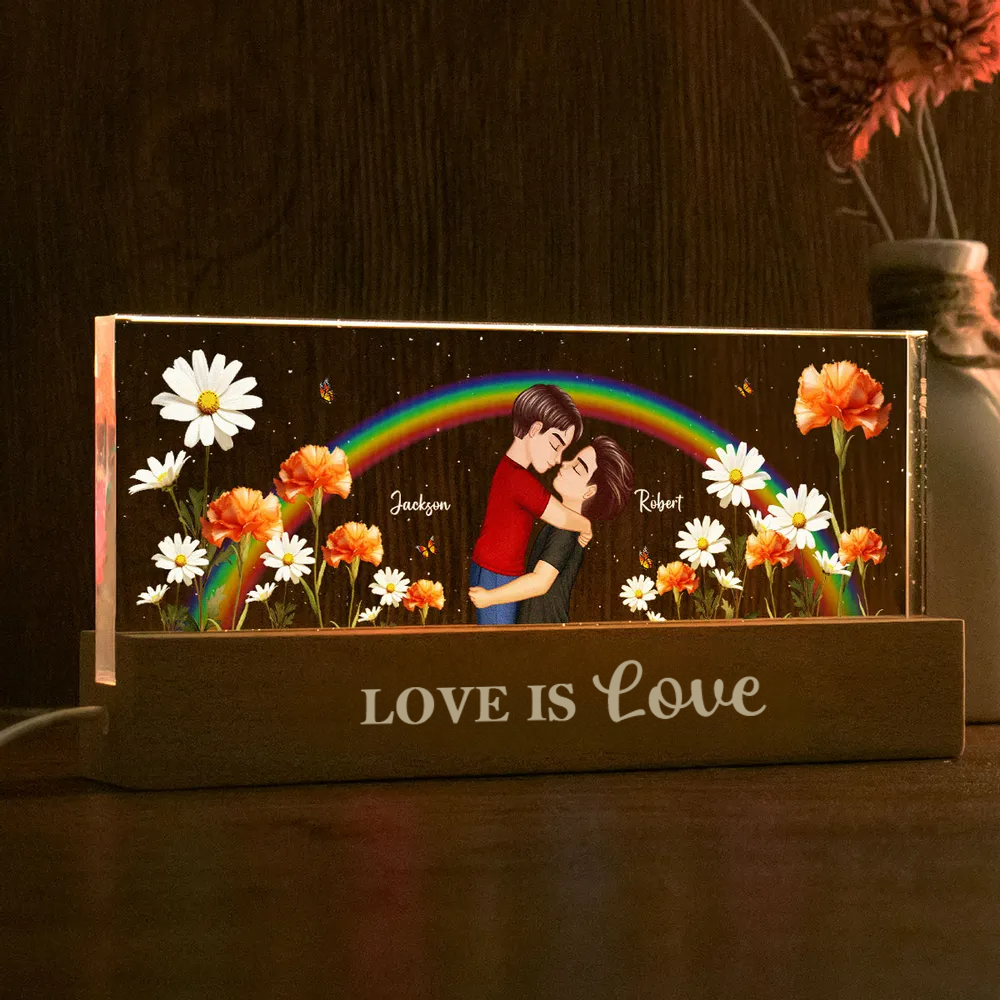 Arc-en-ciel et fleurs de naissance – Veilleuse LED personnalisée, cadeau pour couple LGBT