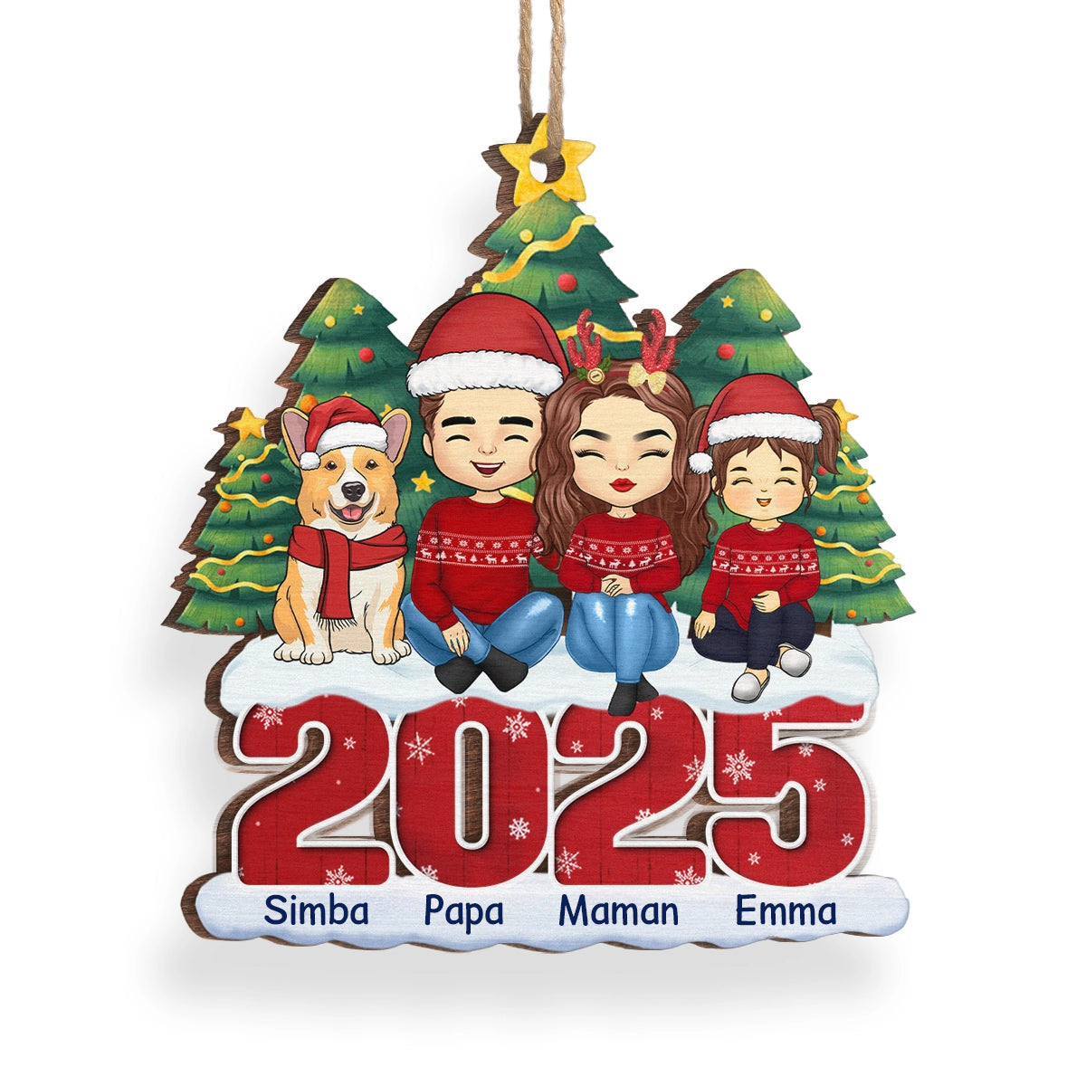 2025 Famille - Orement en bois personnalisé Décoration de Noël avec parents, enfants, chien et chat