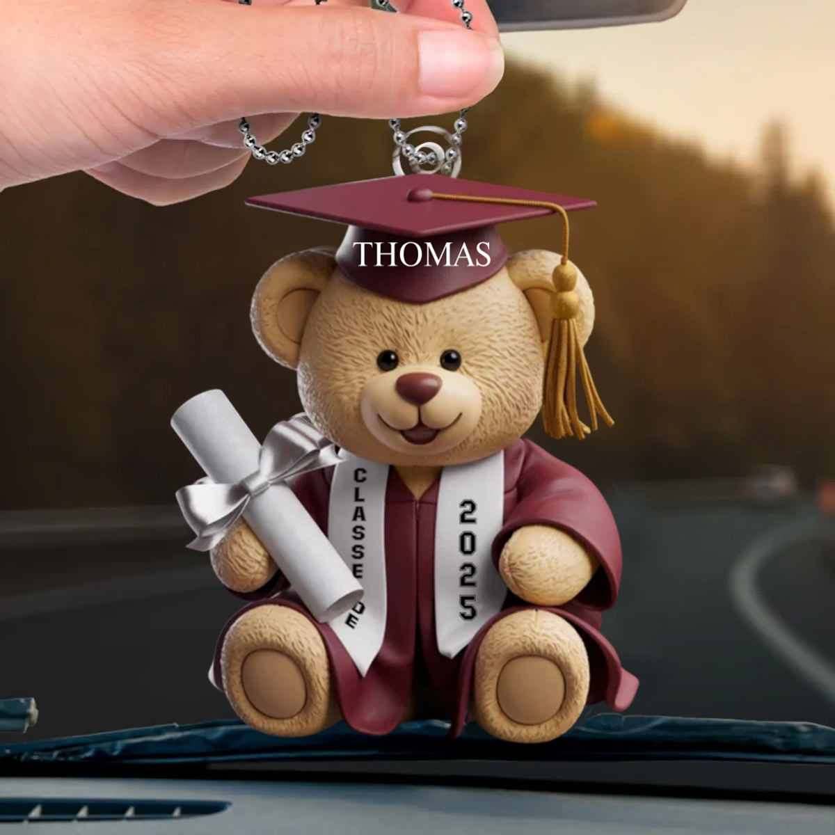 Pendentif de rétroviseur personnalisé pour la remise de diplôme – Ours avec prénom, année et choix de couleur