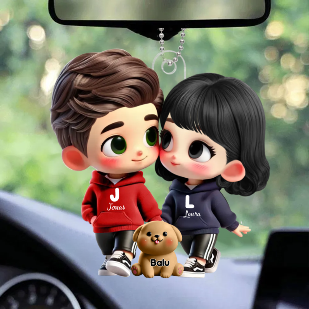 Pendentif de voiture personnalisé avec couple cartoon et animaux de compagnie – Cadeau pour couple