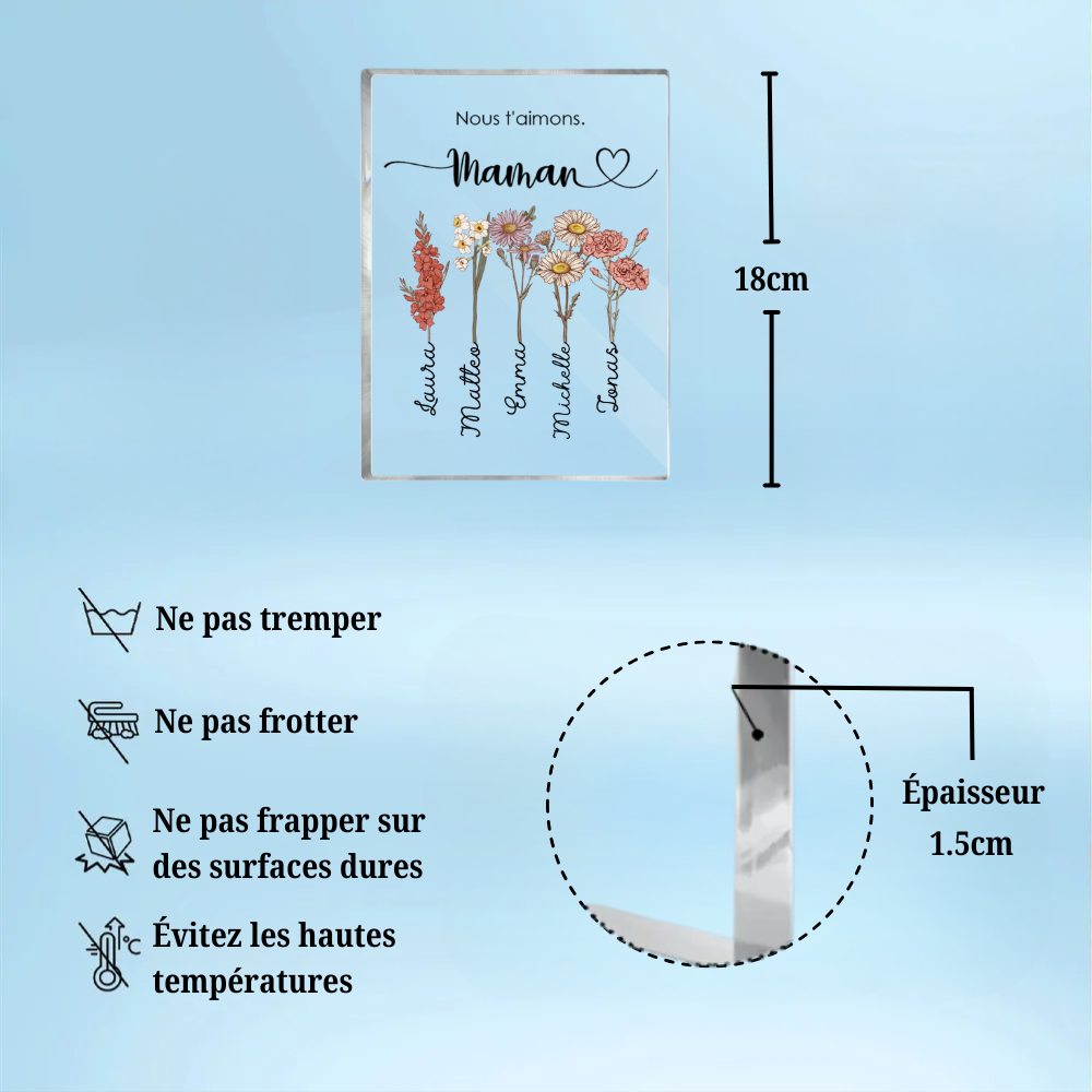 Bloc en acrylique personnalisé avec fleurs de naissance, prénoms et texte – Cadeau pour mamie et maman