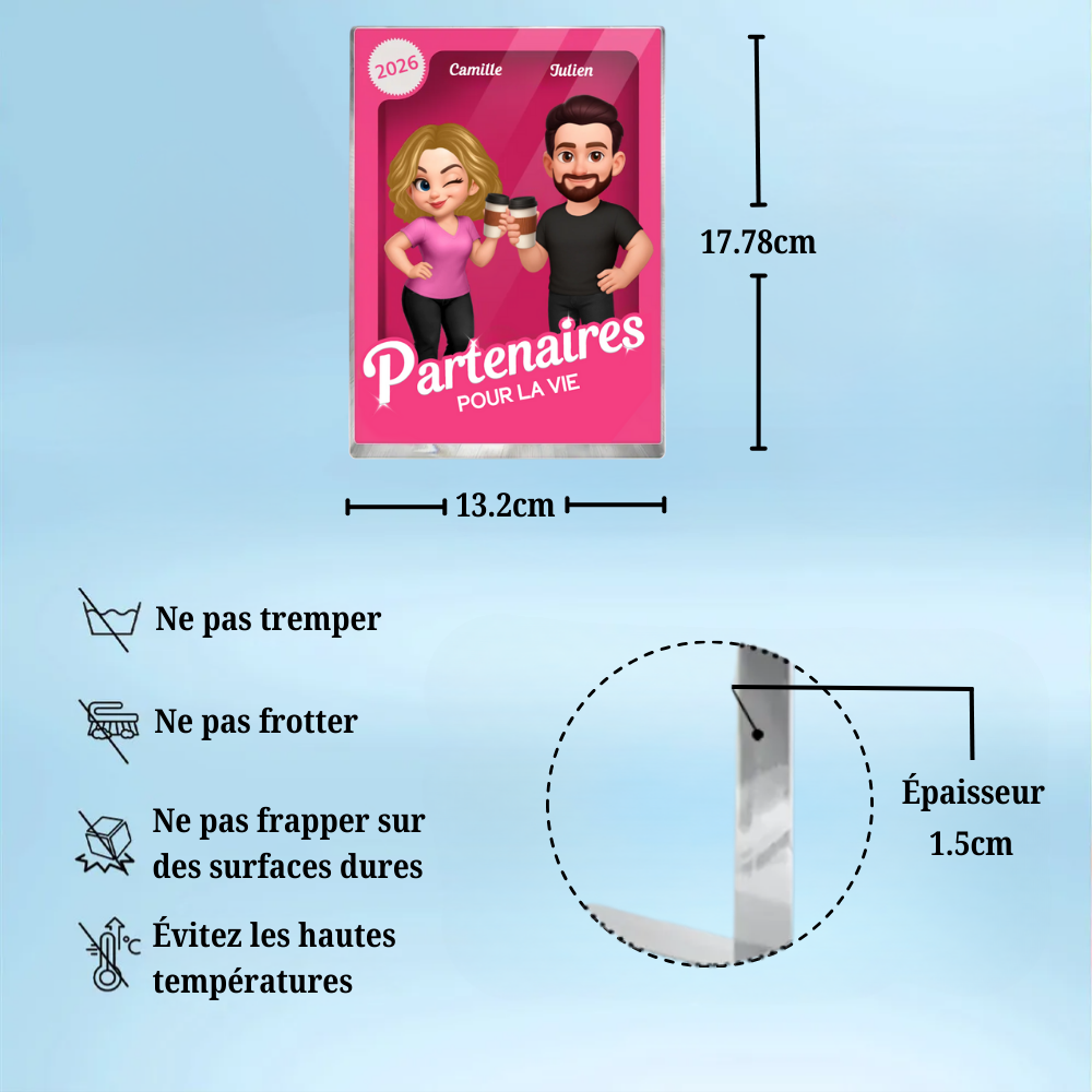 « Partenaires pour la vie » – Bloc en acrylique personnalisé avec 2 à 6 personnages – Cadeau pour couple et amis