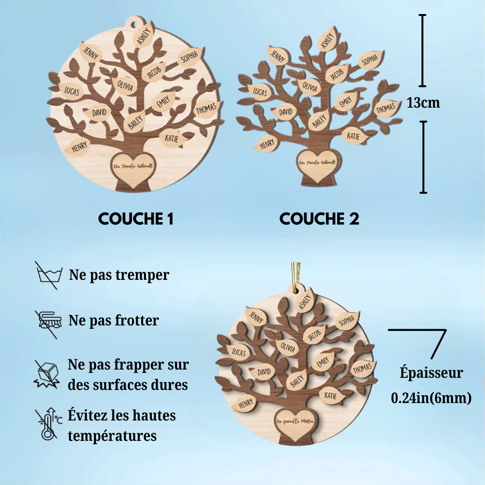 Ornement de Noël en bois - Décoration de sapin en forme d'arbre généalogique familial