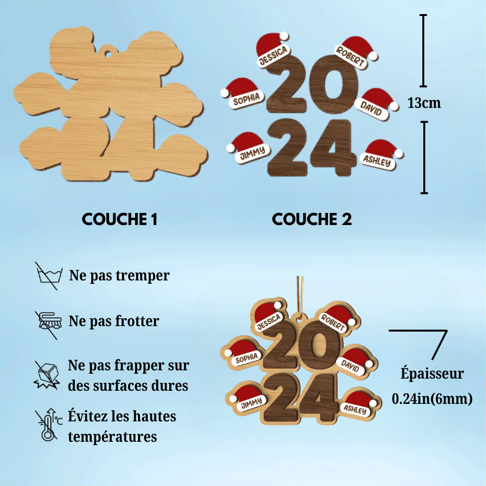 Pendentif de Noël personnalisé 2024 avec prénoms et chapeaux de Noël