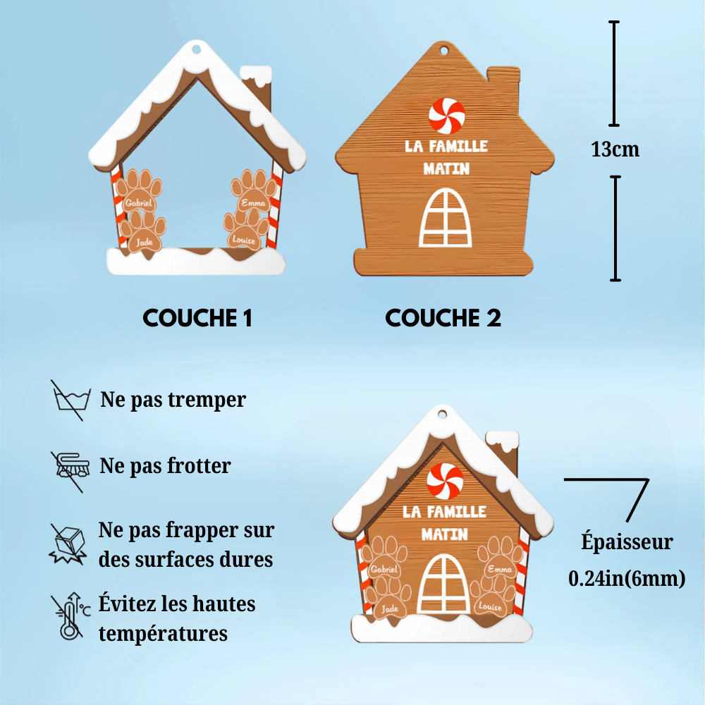 Décoration en bois à deux couches personnalisée – “Famille Pain d’épices” – Ornement de Noël familial avec prénoms