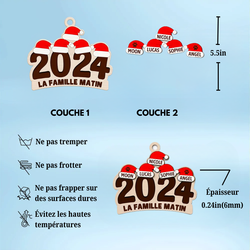 Pendentif de Noël personnalisé 2024 - Noms de famille et animaux domestiques