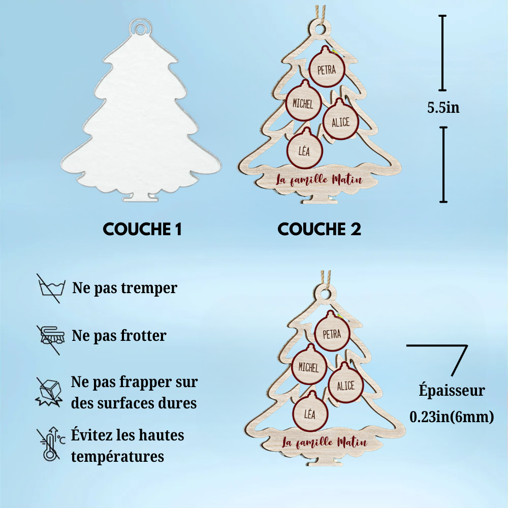 Arbre de famille avec icône d'animal de Noël – Ornement mixte personnalisable à 2 couches