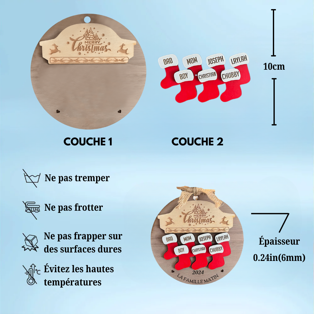 Ornement de Noël en bois avec 1 à 10 noms - Design de chaussettes de Noël