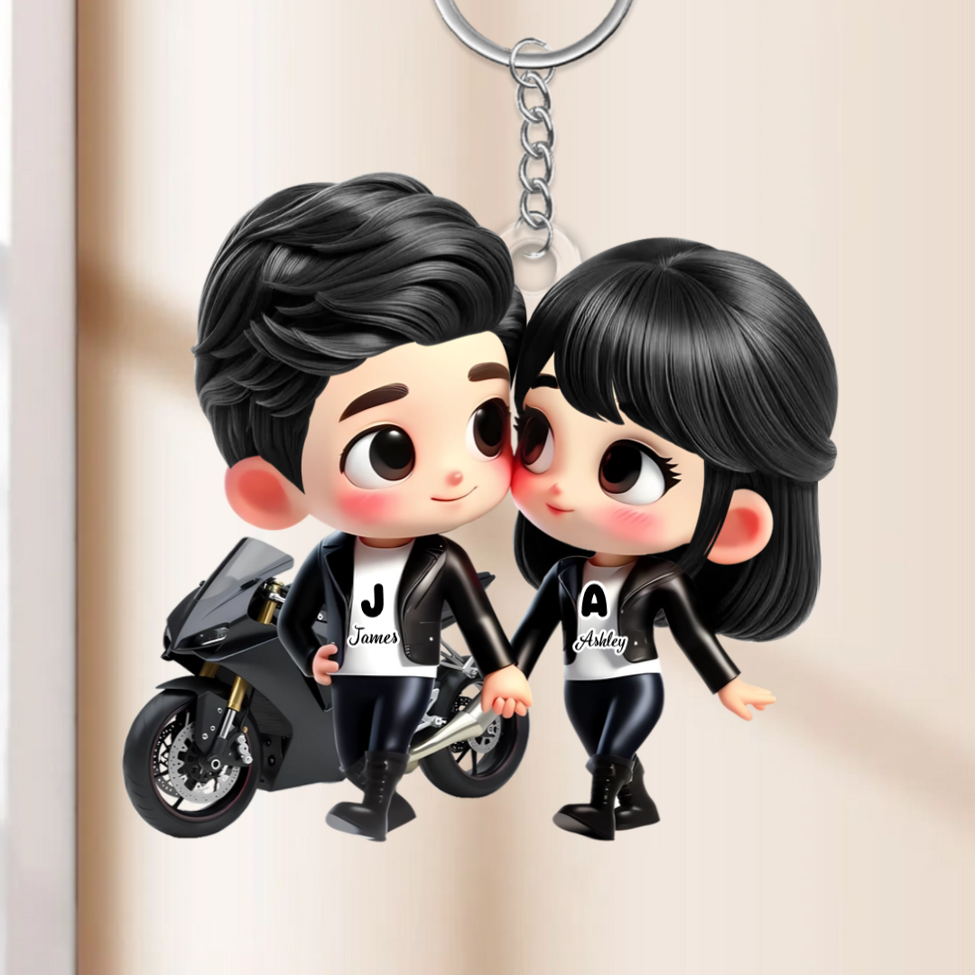 Porte-clés en acrylique Couple à moto – Cadeau pour couple