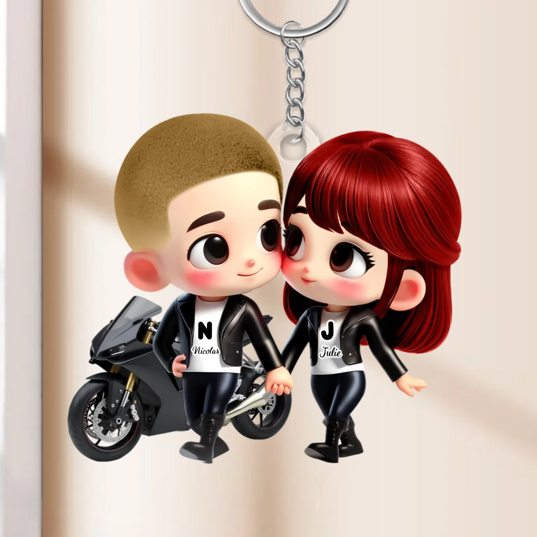 Porte-clés en acrylique Couple à moto – Cadeau pour couple