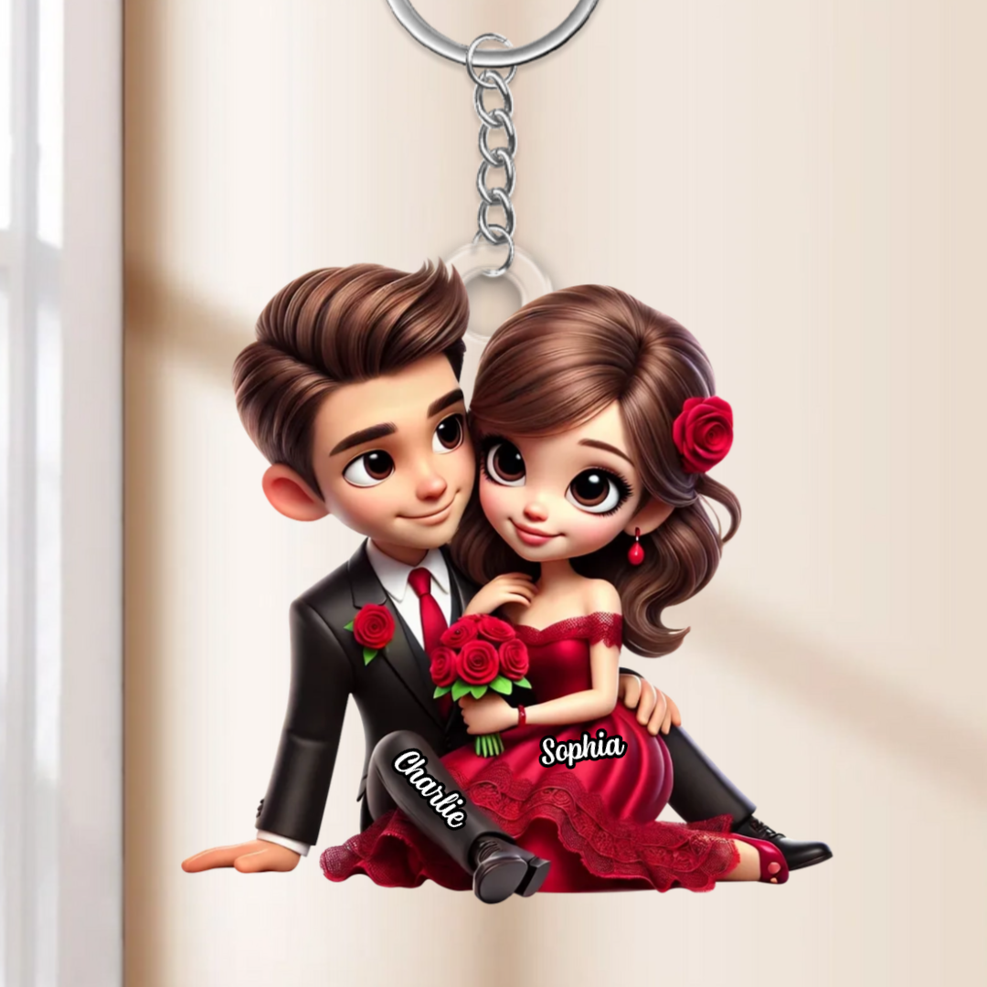 Couple avec bouquet de roses – Porte-clé en acrylique personnalisé, cadeau pour couple