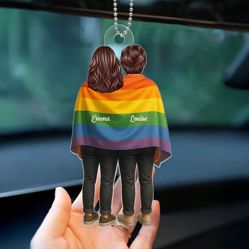Pendentif en acrylique avec drapeau arc-en-ciel et nom – Cadeau pour couple LGBT