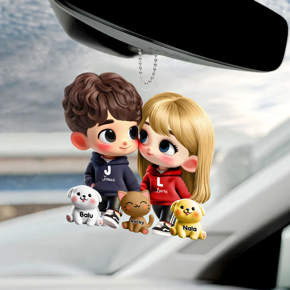 Pendentif de voiture personnalisé avec couple cartoon et animaux de compagnie – Cadeau pour couple