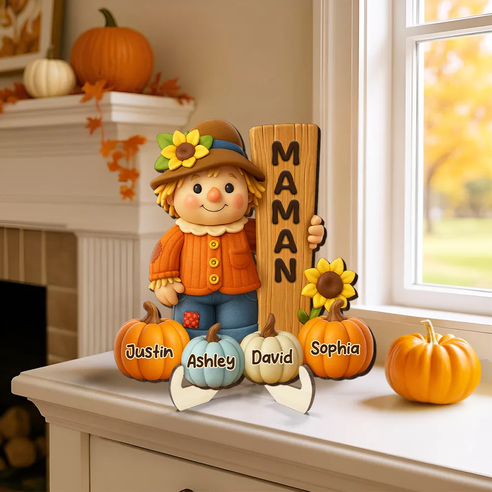 Adorable épouvantail et citrouilles – Plaque en bois personnalisée avec prénom(s) – Cadeau pour mamie