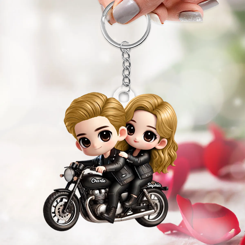Couple sur moto – Porte-clés en acrylique personnalisé, cadeau pour couple