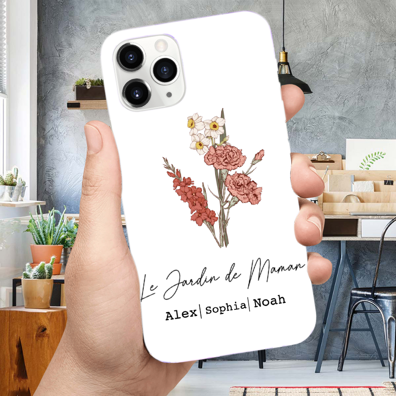 Coque en silicone personnalisée avec bouquet de fleurs de naissance – Cadeau pour maman et mamie, compatible iPhone et Samsung