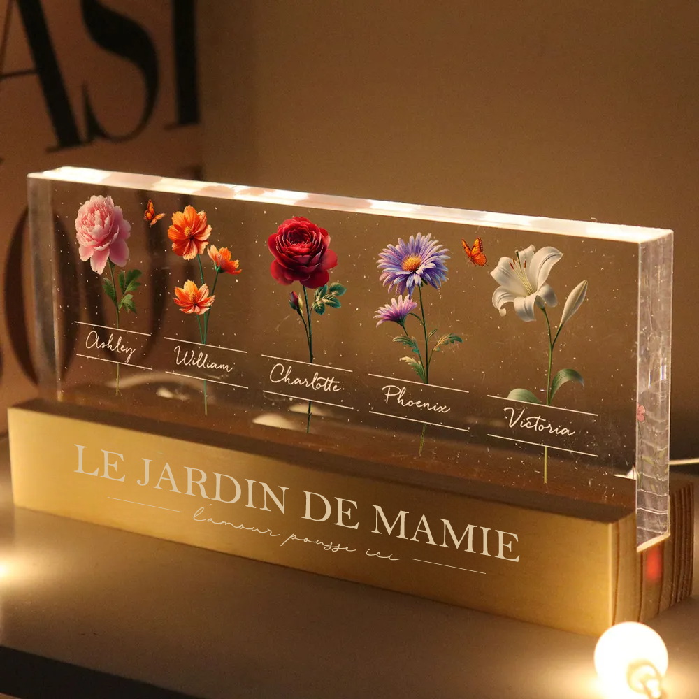 Veilleuse LED avec fleurs de naissance et prénoms – Cadeau pour grand-mère et maman