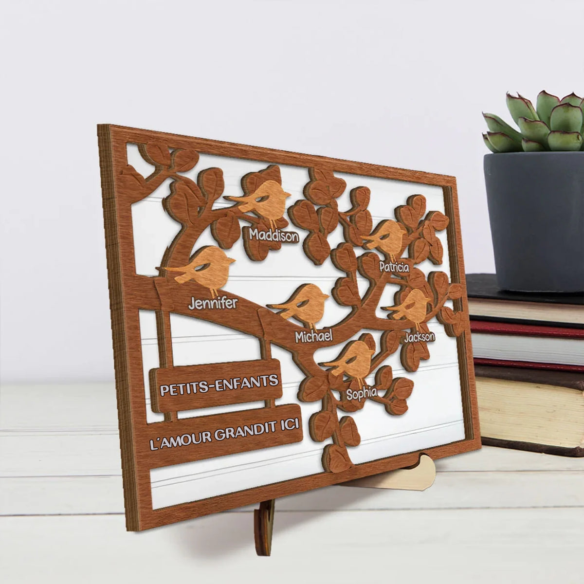 Tableau en bois personnalisé avec arbre et oiseaux – Pour la famille et les grands-mères